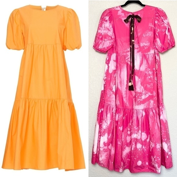 PETER SOM Midi Dress Bleach Splatter Puff Short Sleeve Ruffle Tiered Tie‎ Back 6 - Picture 9 of 9